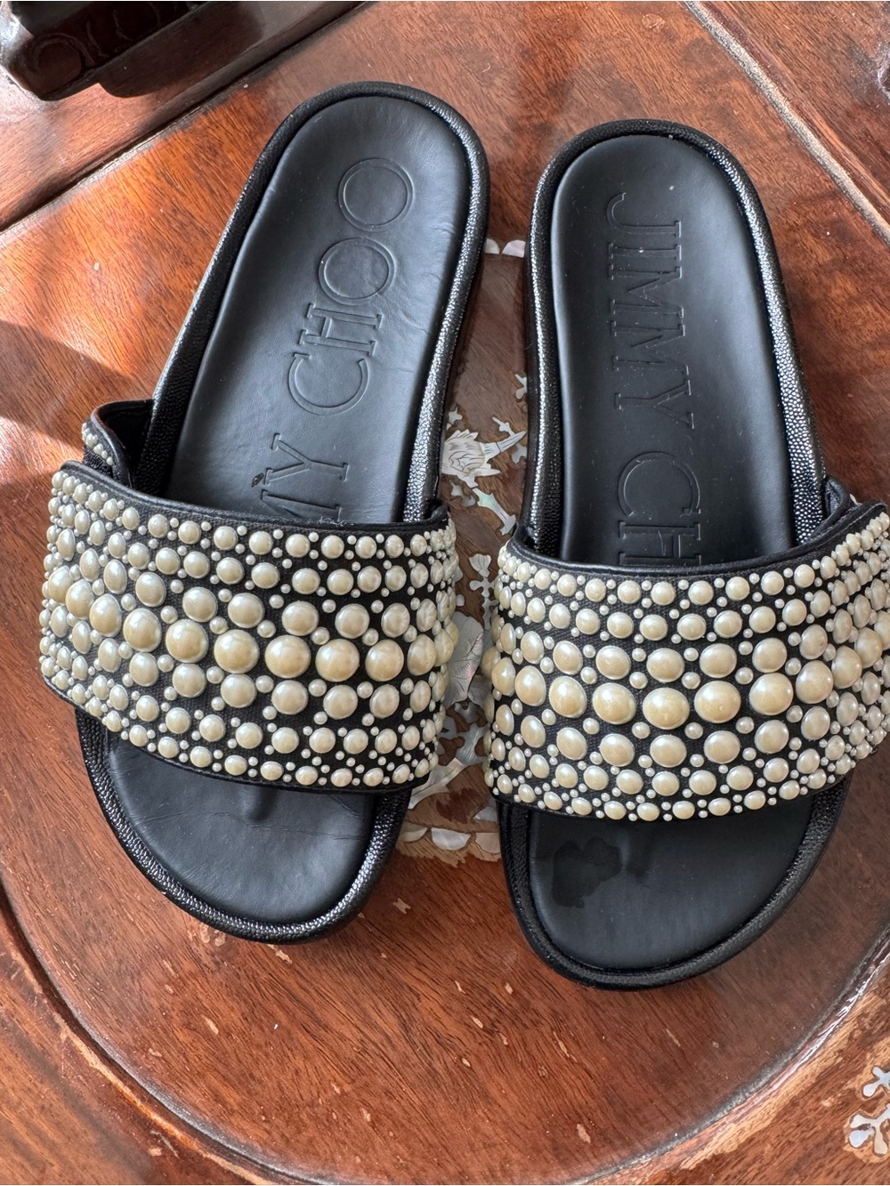 Jimmy Choo Black Slide Sandals with Pearl Bead Embellishment